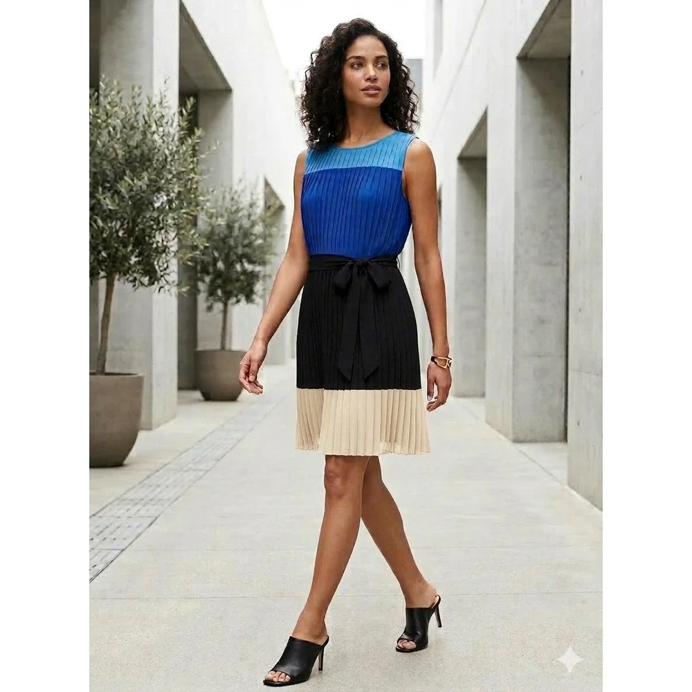 Calvin Klein Colorblock Pleated Knee Length‎ Dress 6 Work Wedding Guest Office